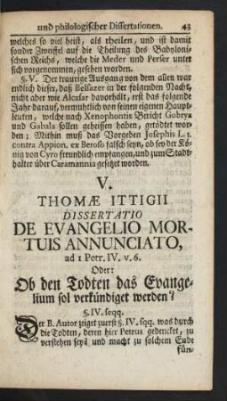 V. Thomae Ittigii Dissertatio De Evangelio Mortuis Annunciato ...