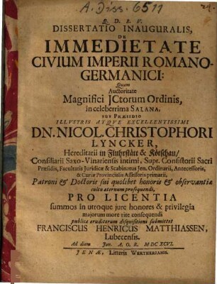 Dissertatio inauguralis, De immedietate civium Imperii Romano-Germanici
