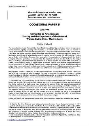 Controlled or autonomous : identity and the experience of the network women living under Muslim laws