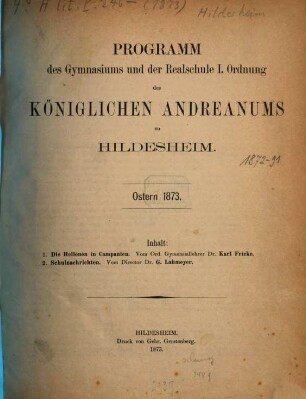 Programm des Königlichen Gymnasium Andreanum zu Hildesheim : Ostern ..., 1872/73