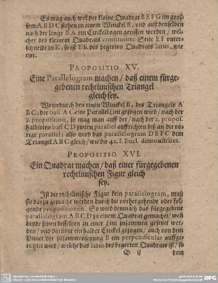 Propositio XV. eine Parallelogram machen/ das einem fürgegebenen rechtlinischen Triangel gleich sey.