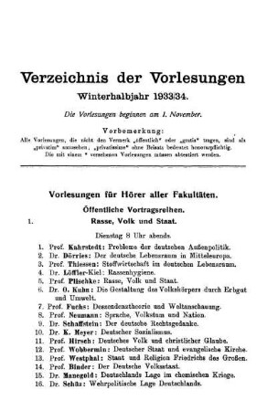Verzeichnis der Vorlesungen Winterhalbjahr 1933/34.