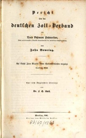 Bericht über den deutschen Zoll-Verband an Lord Viscount Palmerston