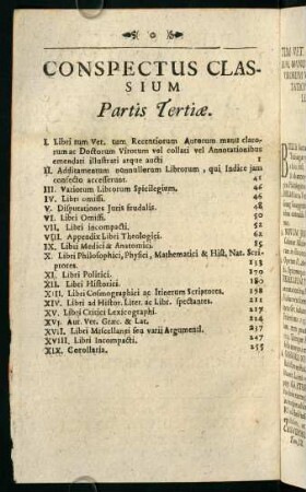 Conspectus Classium Partis Tertiae.