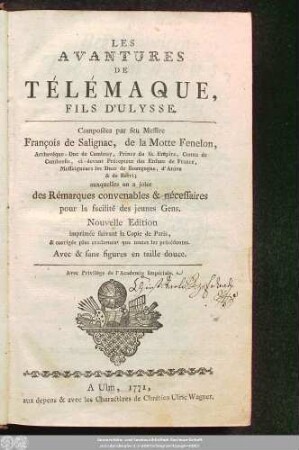 Les Avantures De Télémaque, Fils D'Ulysse