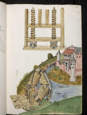 Hebezeug; Sturmbrücke; Burg- oder Stadtanlage mit Wehrmauern.