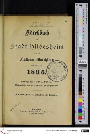 1895: [1895] Adreßbuch der Stadt Hildesheim und des Fleckens Moritzberg : auf das Jahr 1895