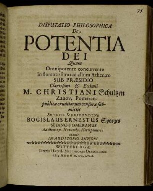 Disputatio Philosophica De Potentia Dei
