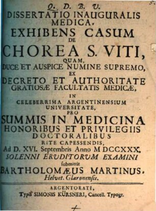 Diss. inaug. med. exhibens casum de chorea S. Viti