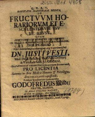 Disputatio Inauguralis Medica, De Fructvvm Horariovm Et Escvlentorvm Vsv Et Abvsv