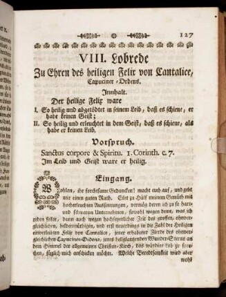 VII. Lobrede Zu Ehren des heiligen Felix von Cantaliee, Capuciner-Ordens.