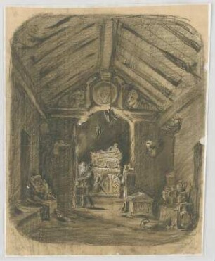 Bauernfeind, Gustav; Italien; Österreich; Schweiz; Studien- und Reiseskizzen - Innenraum mit Denkmal (Perspektive)