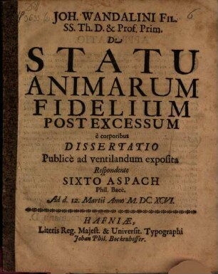 Diss. ... de statu animarum fidelium post excessum e corporibus