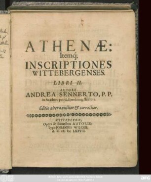 Athenae: Itemq[ue] Inscriptiones Wittebergenses : Libri II.