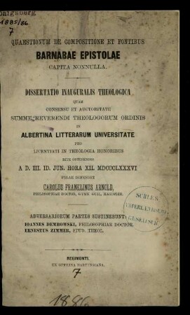 Quaestionum de compositione et fontibus Barnabae epistolae capita nonnulla