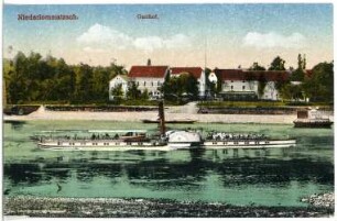 Niederlommatzsch. Gasthof mit Elbe und Dampfer Kaiser-Franz-Josef