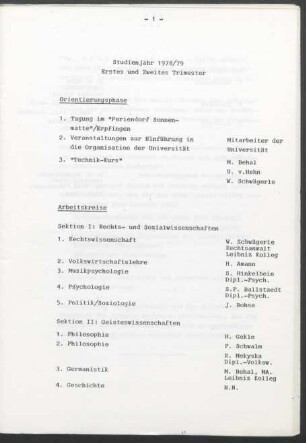 Inhalt "Studienjahr 1978/79 Erstes und Zweites Trimester"
