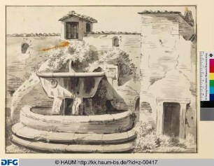 Großer römischer Brunnen an einer Mauer (Hof des Palazzo Barberini?)