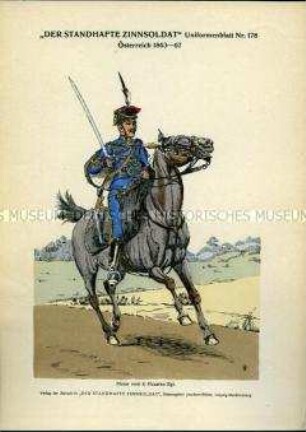 Uniformdarstellung, Gemeiner des 4. Husaren-Regiments, Kaiserreich Österreich, 1863/1867.