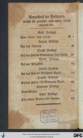 Verzeichniß der Predigten, welche im zweyten und letzten Theile enthalten sind.