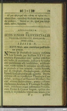 Apographum ex Actis Synodi Provincialis Frisicae, celebratae Harlingae, anno 1624
