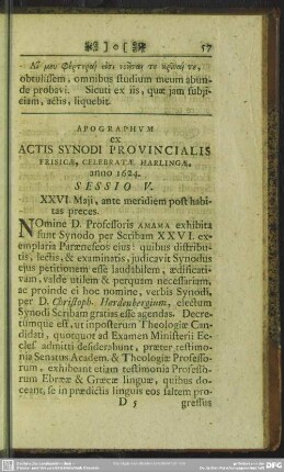Apographum ex Actis Synodi Provincialis Frisicae, celebratae Harlingae, anno 1624