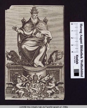 Papst Sixtus V. auf Thron mit Wappen.