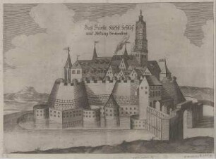 Ansicht des ehemaligen Schlosses und der Festung Grimmenstein in Gotha, Kupferstich, 1700 : Daß Fürstl. Sächs. Schloß und Vestung Grimmenstein. - [Jenae] : [Bielck] , [1700]. - 1 Kunstbl. : Kupferst. ; 39 x 28 cm