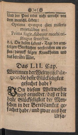 Das LII. Cap. Worinnen der Weltweise Palaemon die beste Glückseligkeit gesuchet habe?
