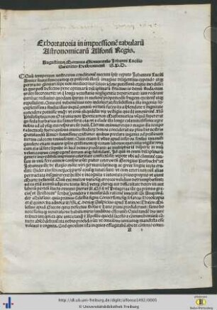 Exhortatoria in impressionem tabularum Astronomicarum Alfonsi Regis.