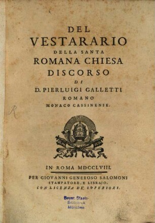Del Vestarario Della Santa Romana Chiesa : Discorso