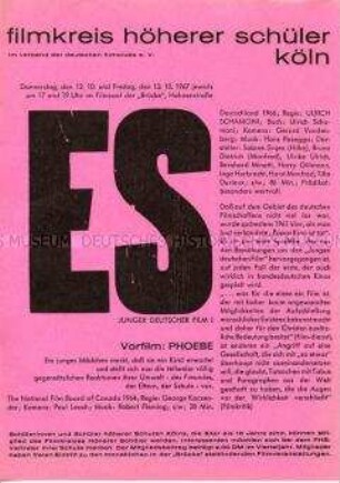 Einladung zur Aufführung des deutschen Spielfilms "ES" mit rückseitiger Werbung der Sparkasse