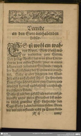Vorrede an den Gott liebhabenden Lehser