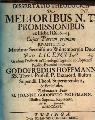 Dissertatio Theologica De Melioribus N.T. Promissionibus ex Hebr. IIX, 6.-13.
