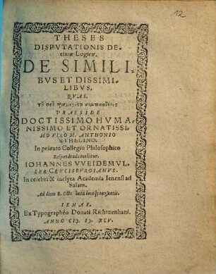 Theses Disputationis Decimae Logicae. De Similibus Et Dissimilibus