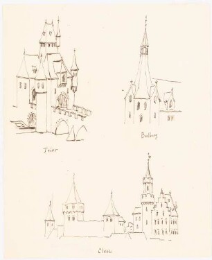 Brückenhaus, Trier. Kirchturm, Bedburg. Schwanenburg, Kleve: Drei perspektivische Ansichten