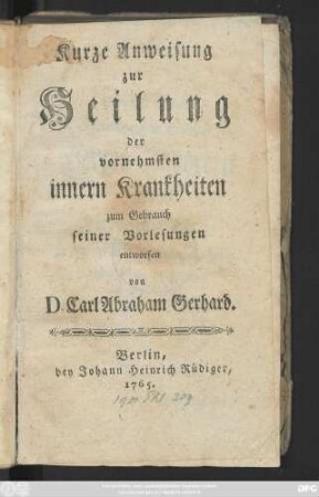 Kurze Anweisung zur Heilung der vornehmsten innern Krankheiten