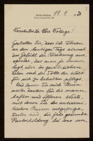 Brief von Adolf Erman an Otto von Gierke, Berlin-Dahlem, 11.1.1921