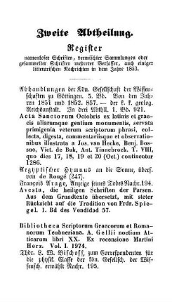 Zweite Abtheilung. Register namenloser Schriften, vermischter Sammlungen oder gesammelter Schriften mehrerer Verfasser, auch einiger litterarischen Nachrichten in dem Jahre 1853.