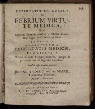 Dissertatio Inauguralis De Febrium Virtute Medica