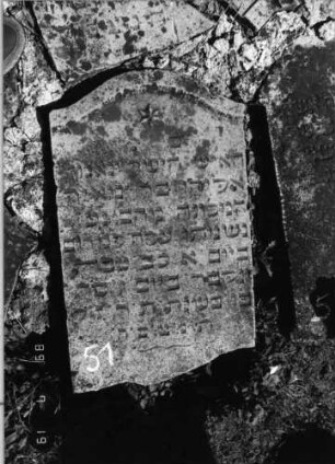 Grabstein 51 (Index: 99796369) Material: Sandstein Zustand: gut Maße HxBxT: 0x0x0 cm Beschreibung: Stele, Konvexbogenabschluß mit kleiner Verdachung Symbolik: Sternchen: Grabstein 51