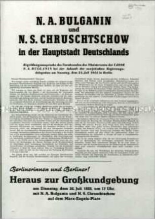 Sonderdruck mit der Begrüßungsansprache von Bulganin beim Besuch in Berlin (DDR) und Aufruf zu einer Kundgebung mit Chruschtschow und Bulganin