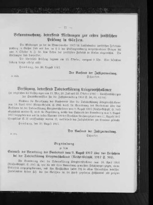 Verfügung, betreffend Todeserklärung Kriegsverschollener