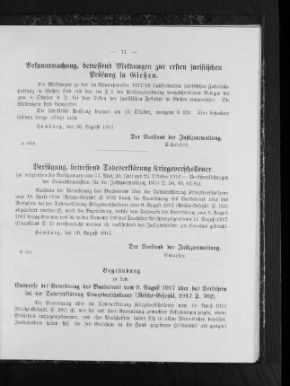 Verfügung, betreffend Todeserklärung Kriegsverschollener