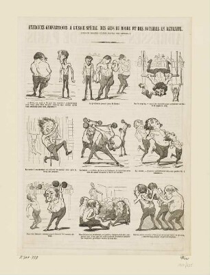 Exercices gymnastiques à l’usage spécial des gens ..., 9 Darstellungen der Folge: "Exercices gymnastiques", in: "Le Charivari", Paris 1853