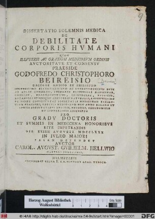 Dissertatio Solemnis Medica De Debilitate Corporis Hvmani