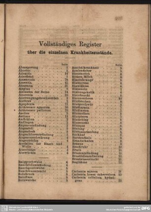 Vollständiges Register über die einzelnen Krankheitszustände