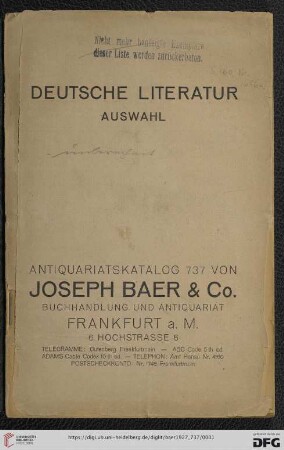 Nr. 737: Antiquarischer Anzeiger von Joseph Baer & Co., Frankfurt a.M.: Deutsche Literatur - Auswahl