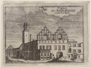 Die Ruine des alten Rathauses in Zittau in der Oberlausitz nach dem Bombardement durch österreichische Truppen gegen die preußische Besatzung am 23. 7. 1757 während des Siebenjährigen Krieges, aus Montalegres Sechs Stadt Zittau