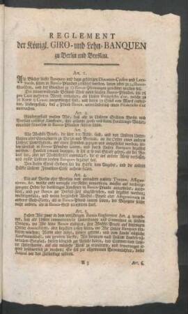 Reglement der Königl. Giro-und Lehn-Banquen zu Berlin und Breslau.